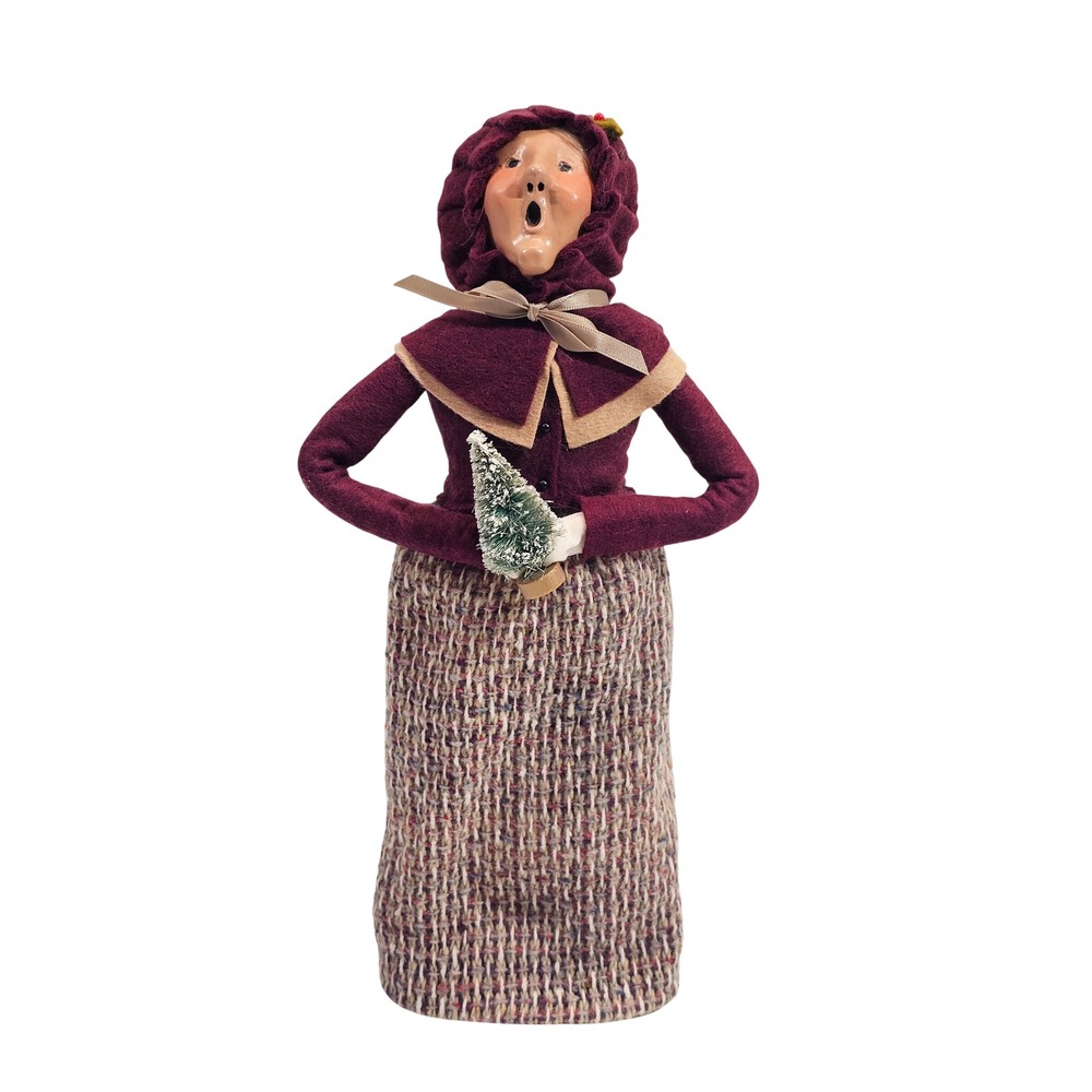Byers Choice Ltd Caroler 1989 Vintage Woman Singing with Tree Burgundy Tweed Fig